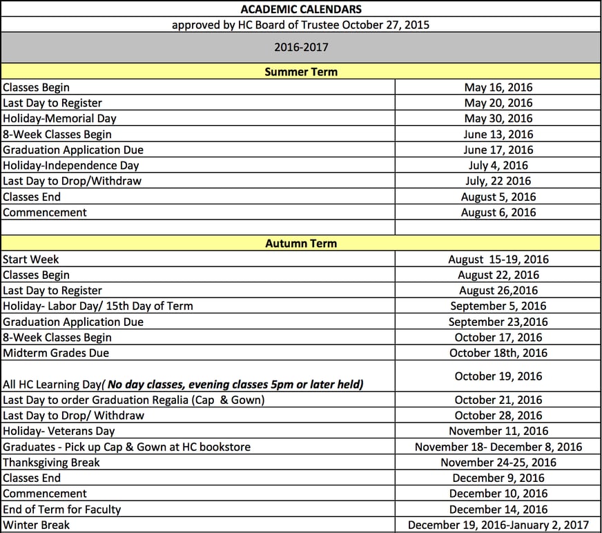 Academic Calendar Hocking College